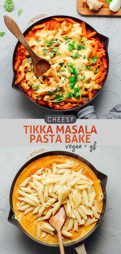 two different types of pasta in pans and one is being cooked with cheese, the other