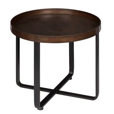 a wooden table with metal legs and a round tray on the bottom that has an iron frame