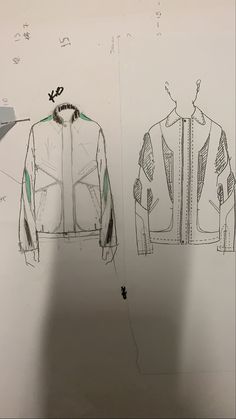 a drawing of two jackets on display in a room