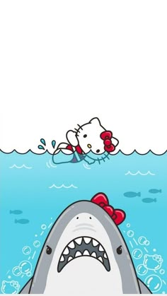 hello kitty swimming in the ocean with a shark and a red bow on it's head