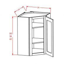 a drawing of a corner cabinet with measurements for the door and shelves on each side