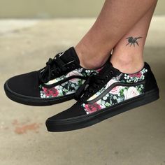 Whimsical Roses on black/black Vans Old Skool Sneakers.We buy each pair of blank shoes BRAND NEW from the Vans retail store. Each pair is made to order, please make sure you put in the correct shoe size before you check out. The ink is permanent and will never come off. Made in the USA. This price includes everything: shoes, artwork, and shipping. Sizes listed are in US sizing scale. If you have any issues with your order, please feel free to reach out to us and we will be more than glad to help you!Note: Blvd Custom is in no way affiliated with any of the shoe brands or companies that are featured on our website. Each pair of shoes is ordered lawfully bought at retail price. Shoes Artwork, Custom Vans Shoes, Halloween Shoes, Nike Converse, Black Vans, Men's Vans, Custom Vans, Shoes Brand, Womens Vans