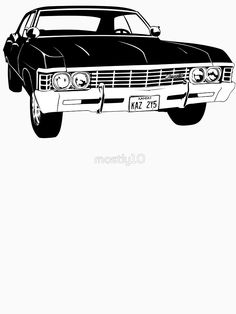 a black and white drawing of a car with the license plate on it's hood