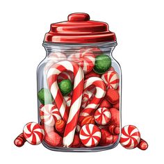 a glass jar filled with candy canes and peppermint candies on a white background