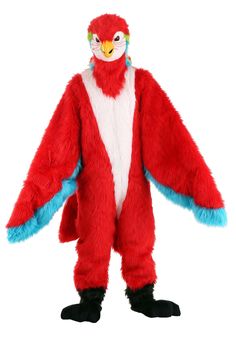 a person in a red and blue bird costume