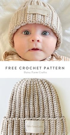 a baby wearing a knitted hat with the words free crochet pattern on it