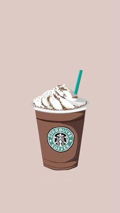 a starbucks drink with whipped cream and a green straw in it's cup on a pink background