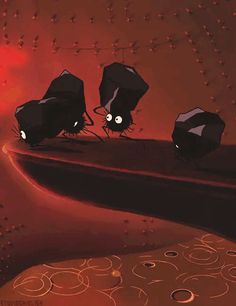 three black umbrellas sitting on top of a red floor next to an orange wall