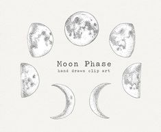 six phases of the moon in black and white with text that reads,'moon phase hand drawn clay art '