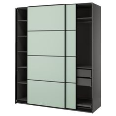 a black and white cabinet with two doors on the front, and one door open