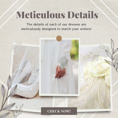 an advertisement for a wedding dress shop with images of the bride's shoes and bouquet