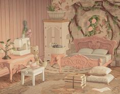 a bedroom with pink furniture and flowers on the wall