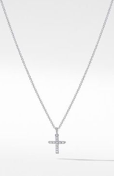 18K yellow and white gold. Pavé diamonds, 0.07 total carat weight. Chain, 1.1mm wide, adjustable. Lobster clasp. Made in the USA. >Diamond Guide Diamond Guide, David Yurman, Pave Diamonds, Lobster Clasp, Cross Necklace, 18k Gold, Silver Necklace, Cable, Diamonds