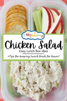 A bento box with chicken salad, apple slices, celery slices, and crackers of your choice Easy Protein Packed Lunches For Work, Healthcare Lunch Ideas, Packed Lunch Ideas For Work Meal Prep, On The Go Lunches No Heat, Chicken Salad Lunch Box Lunchbox Ideas, Nursing School Lunch Ideas, Cold Packed Lunch Ideas For Work, Teacher Meal Prep Lunch, Protein Cold Lunch