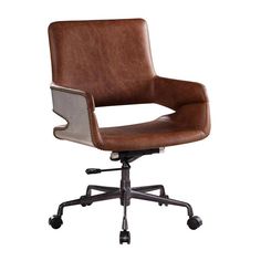 a brown leather office chair sitting on top of a black metal casteor wheel base