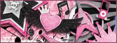 pink and black art work with music notes, hearts, and stars in the background