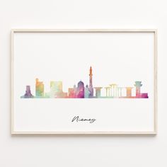 a watercolor painting of a cityscape with the name namong written on it