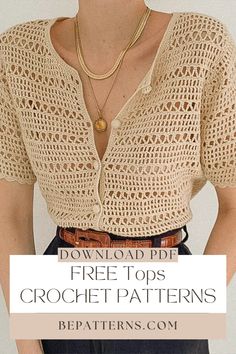 a woman wearing a crochet top with text overlay that reads, free pattern