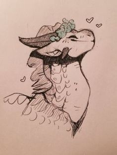 a drawing of a bird with a hat on it's head and flowers in its beak