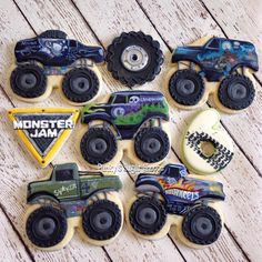 decorated cookies with monster trucks on them