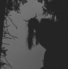 a creepy looking creature hanging from the side of a tree in a foggy forest