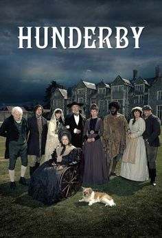 a poster for the tv series thunderby with people standing in front of an old house