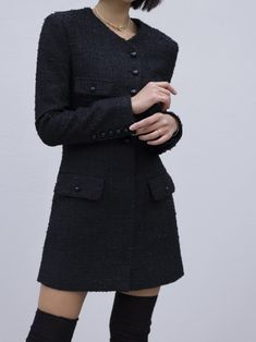 Longer length tweed jacket with button through front and pocket details. Model is wearing a MINUSEY S. ✔️ Free worldwide express shipping over $100✔️ Loved by 6,500+ customers✔️ Limited edition collections, maximum style⠀⠀⠀⠀⠀⠀⠀⠀⠀Stay ahead of the trend with can’t-find-anywhere-else staples. Your closet will thank you 💕* MINUSEY S = EU 34, US 2* MINUSEY M = EU 36, US 4* 10% Wool/Fur / 90% Polyester* Dry clean* Made in Korea - Model Height: 173cm/5'8" (US4, EU36) Fitted Black Tweed Jacket For Winter, Black Single-breasted Tweed Jacket With Long Sleeves, Black Long Sleeve Tweed Jacket For Winter, Black Long Sleeve Tweed Jacket For Fall, Long Sleeve Tweed Jacket For Work, Black Tweed Outerwear With Buttons, Black Tweed Jacket For Winter Formal, Black Tweed Jacket For Winter Formal Events, Tailored Black Tweed Jacket For Winter