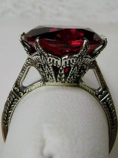 Red Ruby Ring, simulated gemstone, classic solitaire Victorian style Ring Red Ruby Ring, Punk Rock Jewelry, Black Diamond Engagement, Black Diamond Ring Engagement, Victorian Rings, Filigree Ring, Victorian Jewelry, Red Ruby, Gothic Jewelry