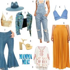 a bunch of different outfits that are in front of a white background with the words mamma mia on it