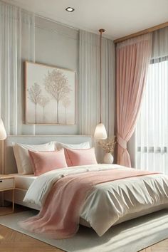 a bedroom with pink and white bedding and curtains