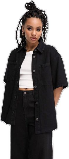 Casual Black Cotton Shacket, Black Cotton Relaxed Fit Shacket, Black Cotton Collared Shacket, Black Cotton Button-up Shacket, Black Button-up Cotton Shacket, Black Outerwear With Buttoned Pockets And Relaxed Fit, Black Denim Tops For Workwear, Washed Black Denim Button-up Top, Trendy Black Tops With Pockets