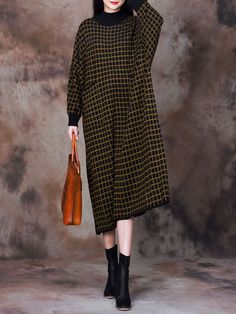 Styles: Elegant Material: Wool Blend Clothing Length: Mid-Calf Sleeve Length: Long Sleeve Collar: Mock Neck Pattern: Plaid Season: Winter #wool #sweater #dress #plaid Yellow Long Sleeve Dress For Fall, Oversized Yellow Dress For Fall, Oversized Yellow Dresses For Fall, Winter Sweater Dresses, Calf Sleeve, Winter Plaid, Turtleneck Dress, Checkered Dress, Casual Jumpsuit