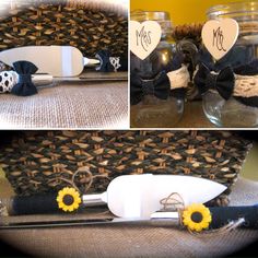 two pictures show the inside of a basket with scissors and other items in it, along with some flowers