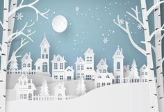 a paper cut christmas scene with snow falling on the trees and houses in the background