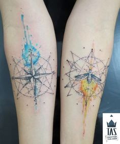 two watercolor tattoos on both legs with dragonflys and geometric shapes painted on them