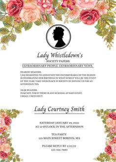 a white and pink wedding card with flowers on the front, and an image of lady whitfield's