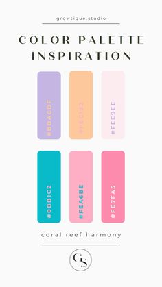 the color palette for coral reef harmony is shown in three different colors, including pink, blue