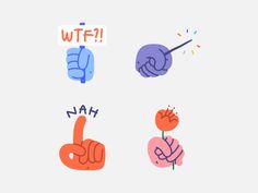 four different hand gestures with the words wif and happy written on them, including one pointing