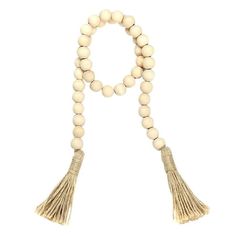 a wooden beaded necklace with tassels