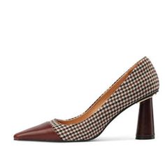 Dixie Vintage Plaid Slip on Heels Fall Court Shoes With Contrasting Heel Counter, Fall High Heel Court Shoes With Contrasting Heel, High Heel Court Shoes With Contrasting Heel For Fall, Brown High Heel Court Shoes For Fall, Fall Wooden Heel Slip-on Heels, Vintage Heels For Office In Fall, Brown Pointed Toe Heels With Contrasting Heel Counter, Brown Heels With Rubber Heel Cap For Fall, Retro Pointed Toe Heels With Reinforced Heel