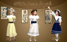 three women dressed in dresses for girls, from the early 1900's to the present day