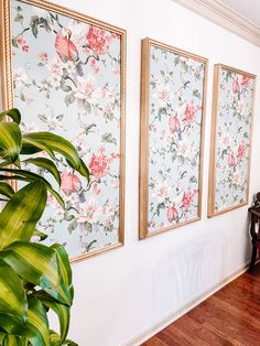 three floral paintings hang on the wall next to a wooden table with a potted plant