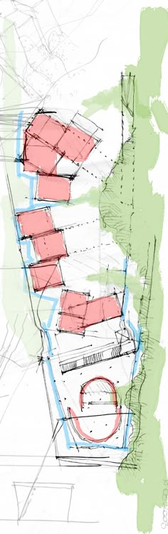 an architectural drawing of a building with red and green sections on the roof, surrounded by trees