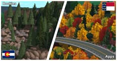 two screens showing the same road and trees with different colors on them, one in front of