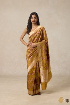 In this silken saree, orchid blooms unfurl in their natural splendour. The distinct shape and soft tones of the flowers, woven in meticulous meenakari, capture the simplicity of this treasured bloom. India Inspired, Ochre Yellow, Katan Silk, Weaving Process, Handloom Saree, Cut Work, Blouse Piece, Silk Sarees, Hand Weaving