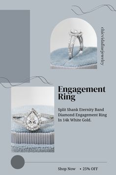 an engagement ring with diamonds on it and the words engagement ring written in white gold