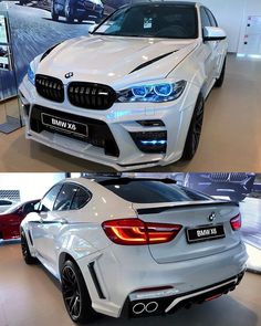 two pictures of the front and back end of a white bmw x4 at an auto show