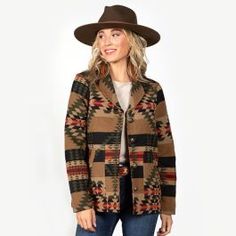 Fall Mornings On The Ranch Jacket Western Sweaters, Aztec Jacket, Front Shop, Aztec Sweater, Ranch Wear, Western Jacket, Brown Fall, Autumn Morning, Wrap Pattern