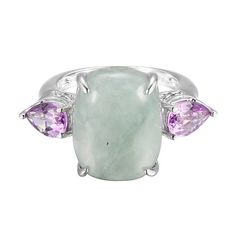 Jade of Yesteryear Sterling Silver Green Jade and Amethyst Ring Stand out in the crowd with this beautiful sterling silver jade and amethyst ring on your finger. From Jade of Yesteryear.       Approx. 5/8"L x 1-1/16"W x 7/16"H; shank 1/16"W     Stamped .925 sterling silver; rhodium plating     Sterling silver ring has cushion-shaped green jade cabochon prong-set in center     Center stone flanked by prong-set, pear-shaped amethyst     Finished filigree gallery   Stone Information       All sizes Silver Kunzite Ring For Anniversary, Silver Fine Jewelry Amethyst Ring, Silver Green Amethyst Ring In Fine Jewelry Style, Elegant Silver Emerald Ring With Natural Stones, Kunzite Ring With Accent Stones, Green Amethyst Ring With Gemstone Accents, Fine Jewelry Green Amethyst Ring, Elegant Natural Amethyst Ring For Anniversary, Amethyst Set