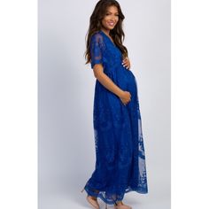 Pinkblush Exclusive! A Lace Mesh Overlay Maternity Maxi Dress Featuring Beautiful Scalloped Trim, Semi-Sheer Short Bell Sleeves And Back, A V-Neckline, And A Hook And Hidden Zipper Back Closure. Bust And Skirt Are Double Lined To Prevent Sheerness. New Without Tags. Tag Cut Out. Inventory #P6534